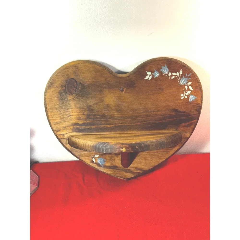 Vintage Heart Shaped Wood Wall Shelf Hand Painted Floral Cottagecore Decor